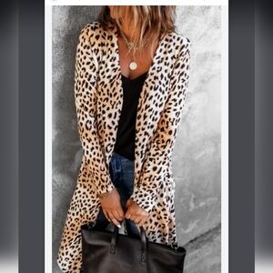 Open Front Midi Brown Tan Leopard Print Kimono DusterCardigan